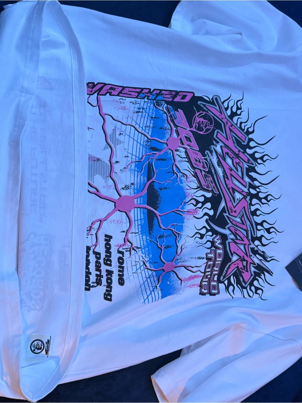 White Long-Sleeve Graphic Tee with Pink & Blue Design